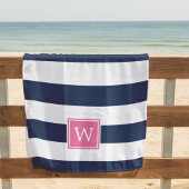 Navy Stripe & Roze Monogram Strandlaken