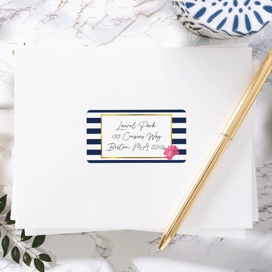 Navy Stripe & roze pioen Adresetiketten Etiket