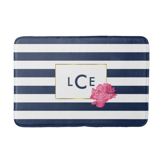 Navy Stripe & Roze Pioen Monogram Badmat (Voorkant)