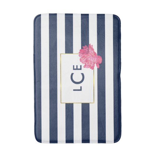 Navy Stripe & Roze Pioen Monogram Badmat (Voorkant Verticaal)
