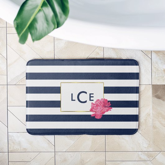 Navy Stripe & Roze Pioen Monogram Badmat