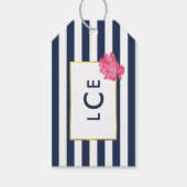 Navy Stripe & Roze Pioen Monogram Gift Labels Cadeaulabel (Voorkant)