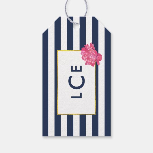 Navy Stripe & Roze Pioen Monogram Gift Labels Cadeaulabel (Voorkant)