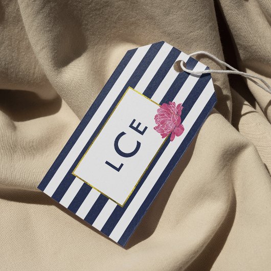 Navy Stripe & Roze Pioen Monogram Gift Labels Cadeaulabel