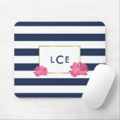 Navy Stripe & Roze Pioen Monogram Mousepad Muismat (Met muis)