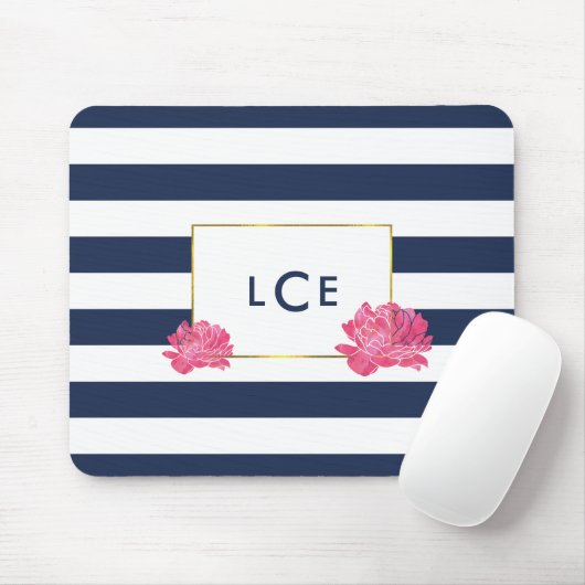 Navy Stripe & Roze Pioen Monogram Mousepad Muismat (Met muis)