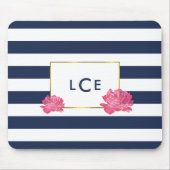 Navy Stripe & Roze Pioen Monogram Mousepad Muismat (Voorkant)