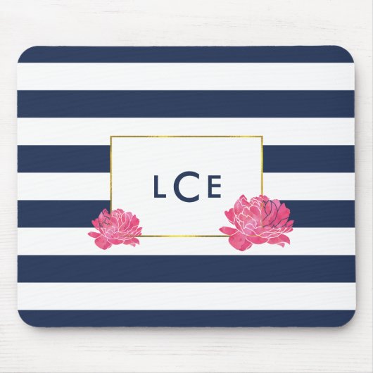 Navy Stripe & Roze Pioen Monogram Mousepad Muismat (Voorkant)