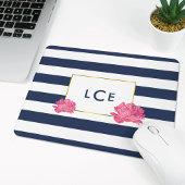 Navy Stripe & Roze Pioen Monogram Mousepad Muismat