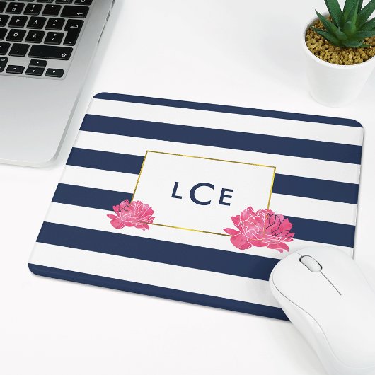 Navy Stripe & Roze Pioen Monogram Mousepad Muismat