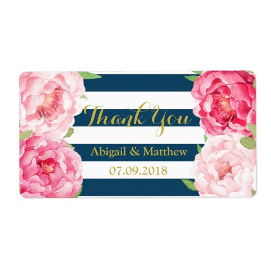 Navy Stripe Roze Waterverf Floral Wedding Labels (Voorkant)