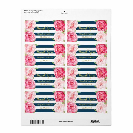 Navy Stripe Roze Waterverf Floral Wedding Labels (Full Sheet)