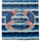 Navy Stripe Welkom aan boord van Wave Life Buoy Douchegordijn (Voorkant)