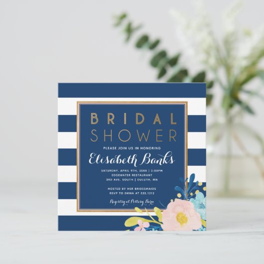 Navy Striped Floral Bridal Shower Kaart (Staand voorkant)