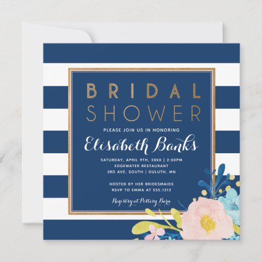 Navy Striped Floral Bridal Shower Kaart (Voorkant)