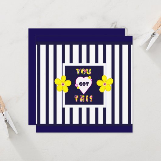 Navy Striped Helder Geel Art Flower Kaart (Voorkant / Achterkant in situ)