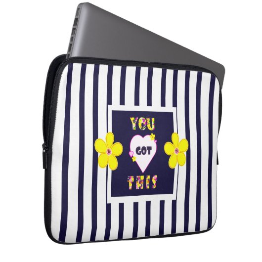 Navy Striped Helder Geel Art Flower Laptop Sleeve (Voorkant Rechts)