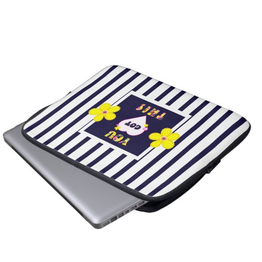 Navy Striped Helder Geel Art Flower Laptop Sleeve (Voorkant onderkant)