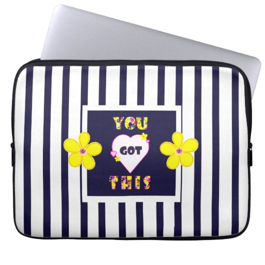 Navy Striped Helder Geel Art Flower Laptop Sleeve (Voorkant)