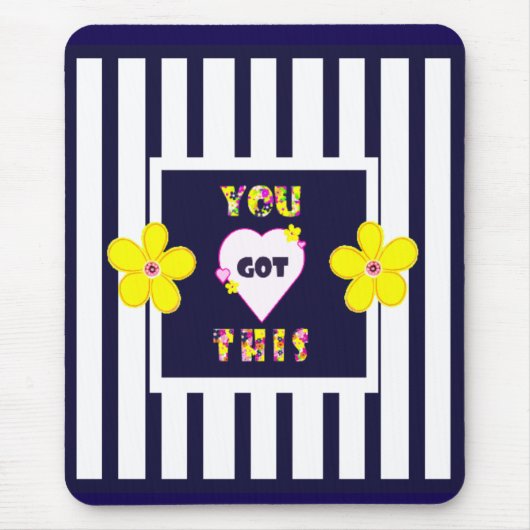 Navy Striped Helder Geel Art Flower Muismat (Voorkant)