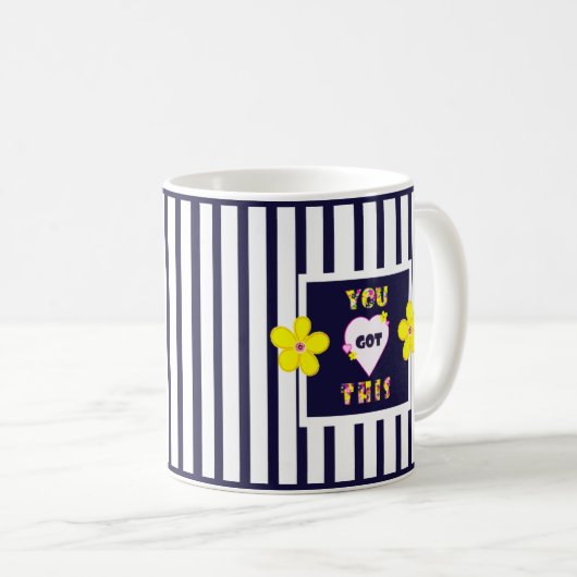 Navy Striped Heldergele Bloemen Koffie Mok (Voorkant rechts)