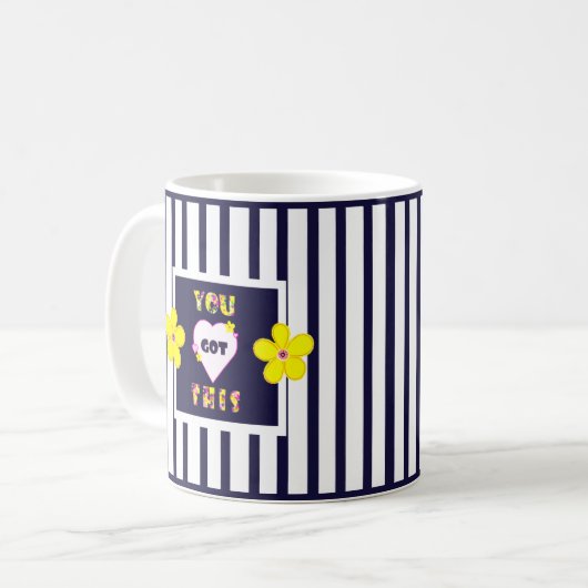Navy Striped Heldergele Bloemen Koffie Mok (Voorkant links)