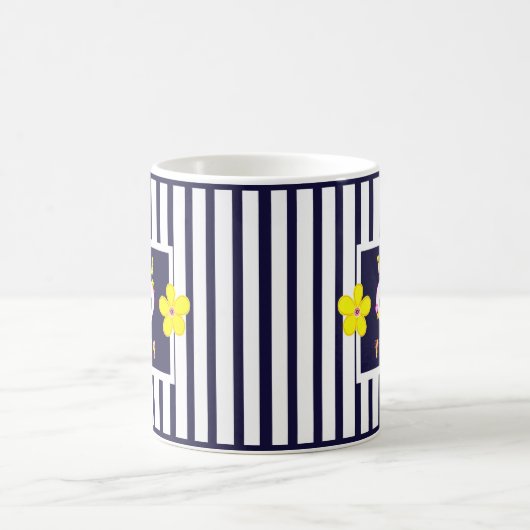 Navy Striped Heldergele Bloemen Koffie Mok (Center)