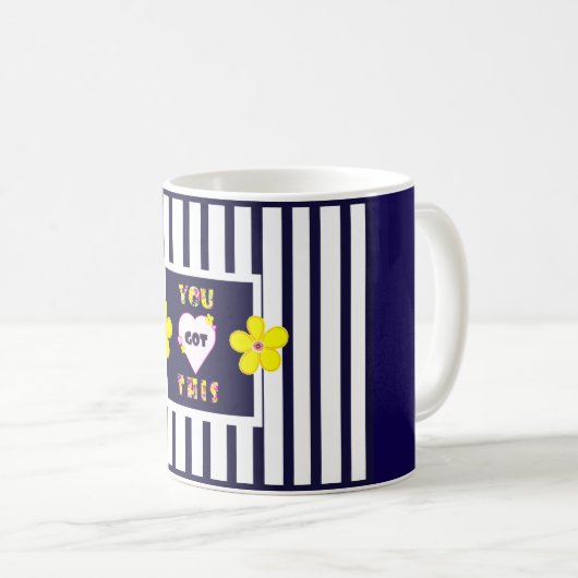 Navy Striped Heldergele Bloemen Koffie Mok (Voorkant rechts)