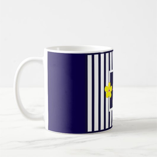 Navy Striped Heldergele Bloemen Koffie Mok (Links)