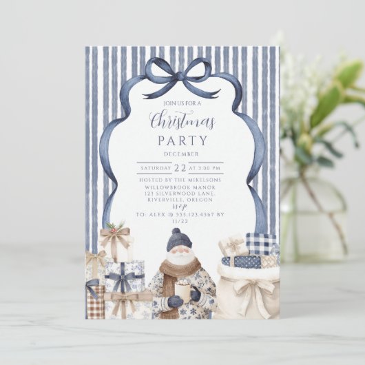 Navy Striped Santa Christmas Kaart (Staand voorkant)