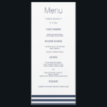 Navy Striped Wedding Dinner Menu Cards<br><div class="desc">Moderne en elegante vormgeving met Navy Blue Striped Wedding Dinner Menu-kaarten die kunnen worden aangepast met jouw tekst. Bekijk de grafische kunstontwerpopslag voor andere producten die bij dit ontwerp passen!</div>