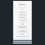 Navy Striped Wedding Dinner Menu Cards<br><div class="desc">Moderne en elegante vormgeving met Navy Blue Striped Wedding Dinner Menu-kaarten die kunnen worden aangepast met jouw tekst. Bekijk de grafische kunstontwerpopslag voor andere producten die bij dit ontwerp passen!</div>