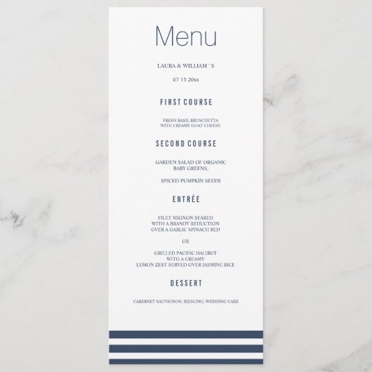 Navy Striped Wedding Dinner Menu Cards (Voorkant)