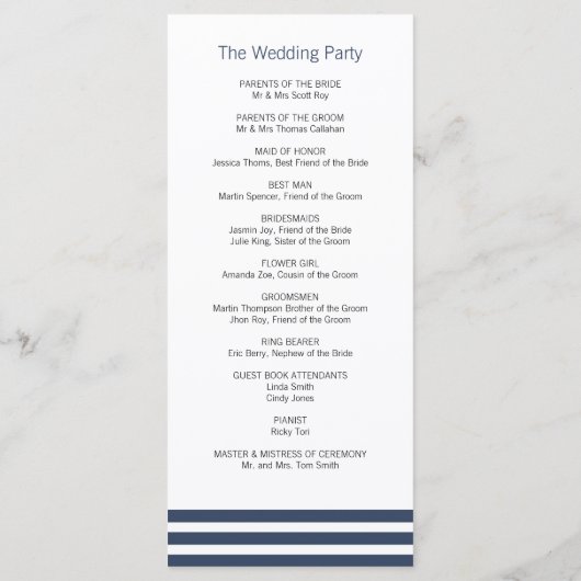 Navy Striped Wedding Programma Programmakaart (Achterkant)
