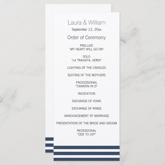 Navy Striped Wedding Programma Programmakaart (Voorkant / Achterkant)