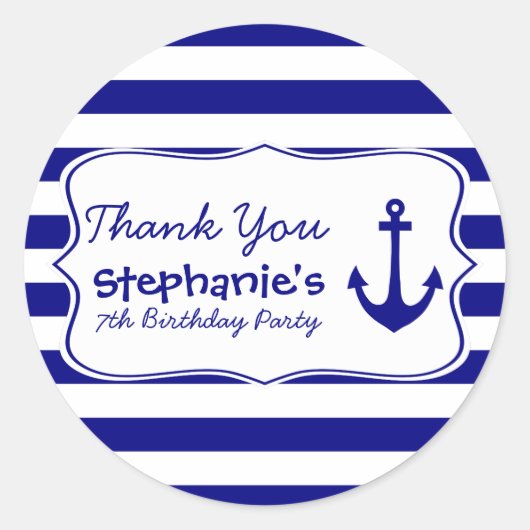 Navy Stripes and Nautical Anchor Birthday Party Ronde Sticker (Voorkant)