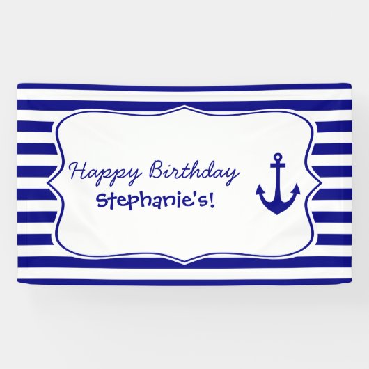 Navy Stripes and Nautical Anchor Birthday Party Spandoek (Horizontaal)