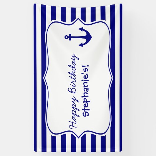 Navy Stripes and Nautical Anchor Birthday Party Spandoek (Verticaal)