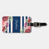 Navy Stripes Bourgondië Blush Bloemen Monogram Bagagelabel (Voorkant horizontaal)