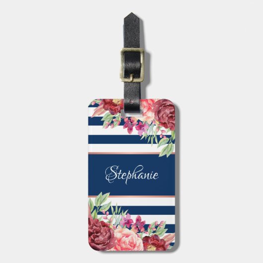 Navy Stripes Bourgondië Blush Bloemen Monogram Bagagelabel (Voorkant verticaal)
