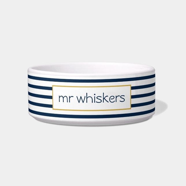 Navy Stripes Classic Nautical Custom Name Dog Voerbakje (Voorkant)