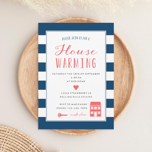 Navy Stripes Coral Housewarming Party Kaart