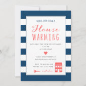 Navy Stripes Coral Housewarming Party Kaart (Voorkant)
