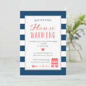 Navy Stripes Coral Housewarming Party Kaart (Staand voorkant)