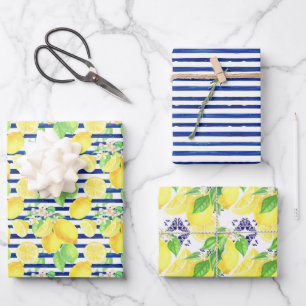 Navy Stripes & Damask met gele citroenen patroon Inpakpapier Vel
