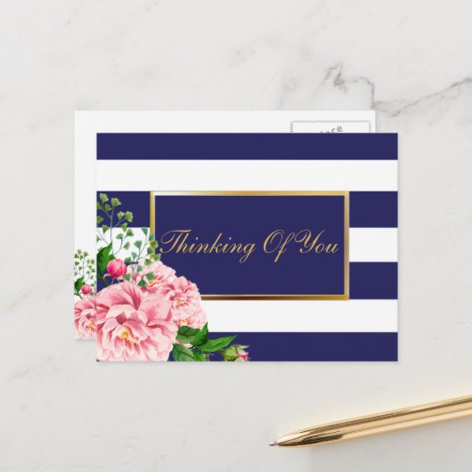  Navy Stripes en Rozen Floral gepersonaliseerd Briefkaart (Voorkant / Achterkant in situ)