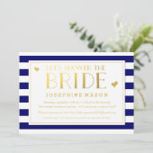 Navy Stripes Gold Hearts Bridal Shower Kaart (Staand voorkant)