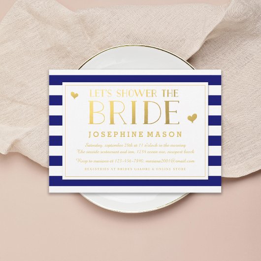 Navy Stripes Gold Hearts Bridal Shower Kaart