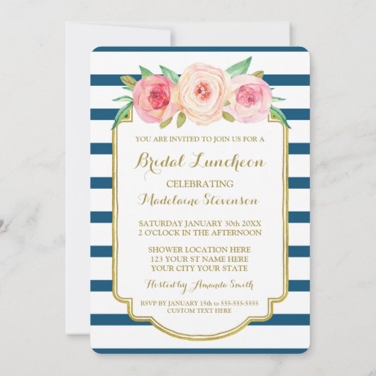 Navy Stripes Gold Pink Floral Bridal Lunch Kaart (Achterkant)