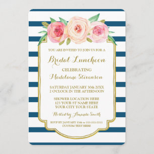 Navy Stripes Gold Pink Floral Bridal Lunch Kaart